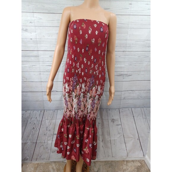 Vtg 70's Vincenti Pleated Tube Shirred Red Dress Strapless Floral Sz 6 ILGWU - Picture 1 of 12